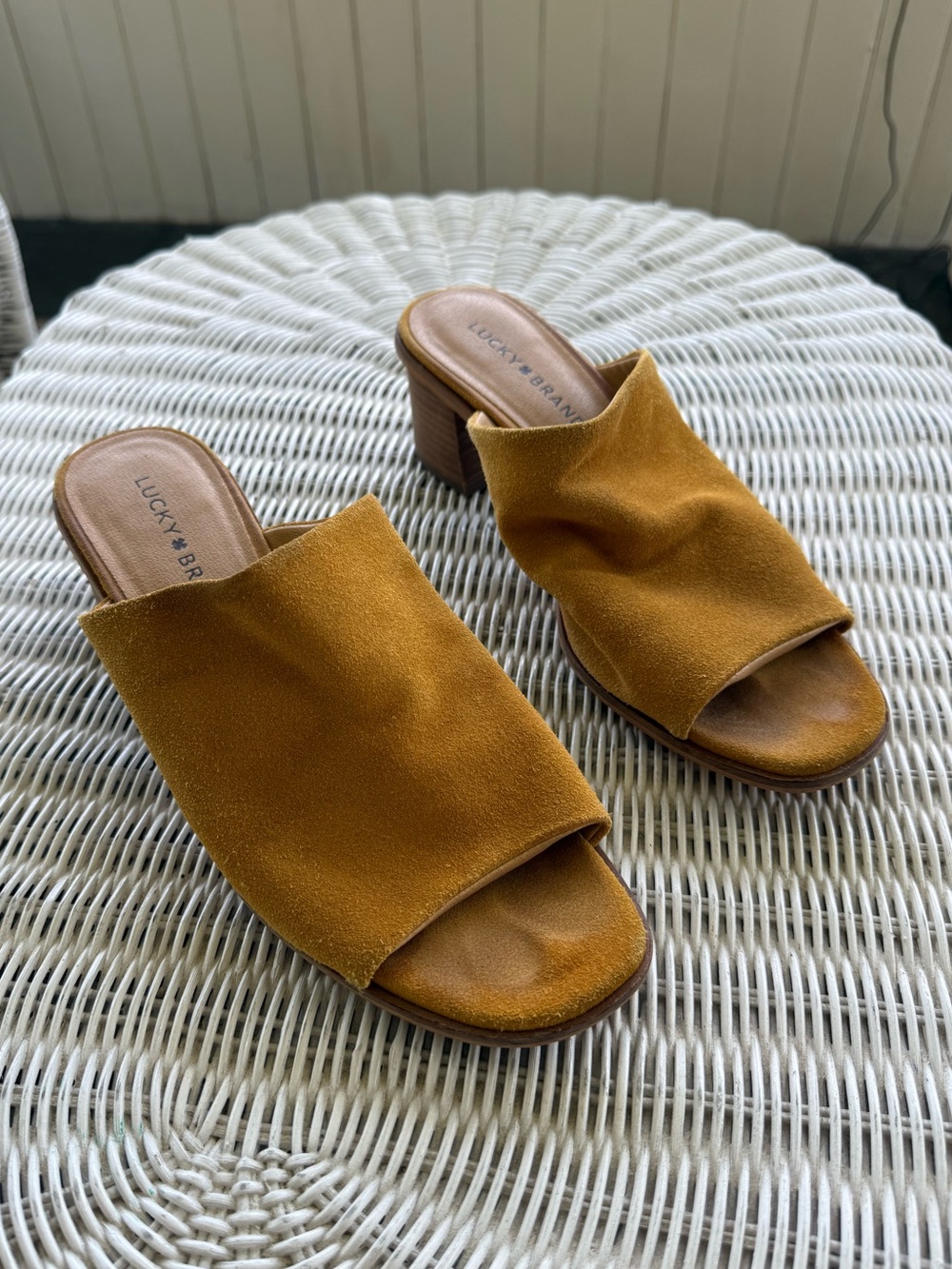 Lucky Brand Mustard Suede Open Toe Block Heel Mules Size 8.5